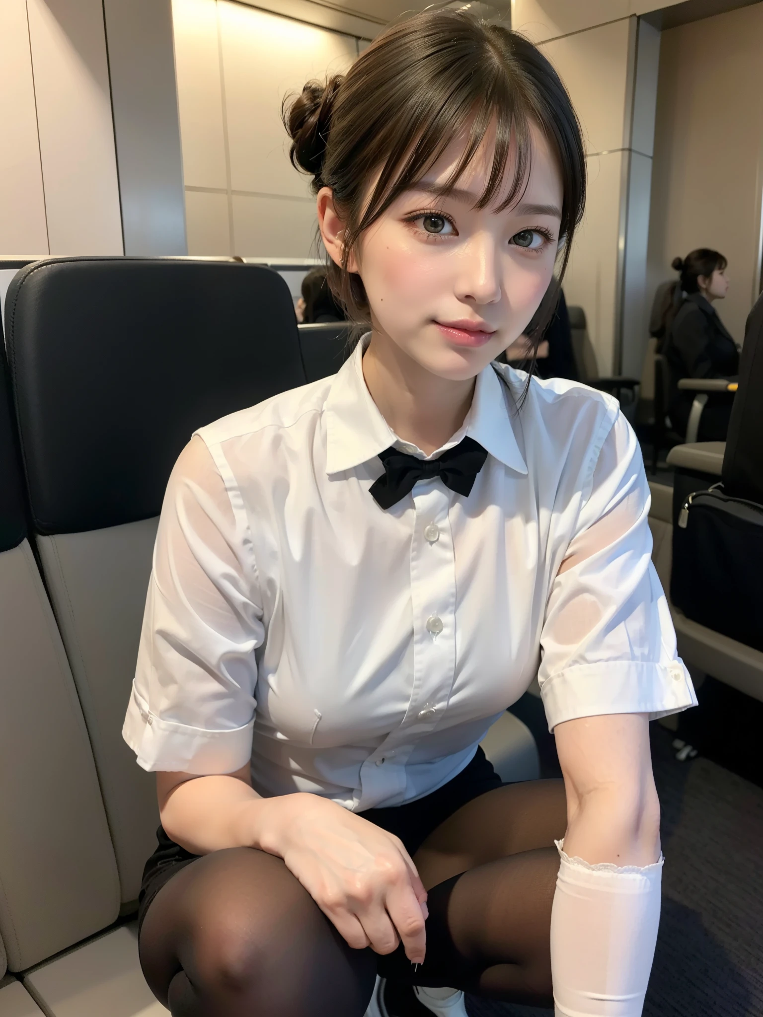 Highest quality、8k、masterpiece、Ultra-high resolution、Clear photos、Professional Lighting、Natural light、Realistic,、Highly detailed skin、Perfect Anatomy、(Beautiful Hands)、(Beautiful fingers)、One Woman、Age 25、Baby Face:1.8、Large Breasts、(Large areola)、Glamour、Bob Hair、Brown Hair、Beautiful Hair、smile、Star Uniform、Black vest、Short sleeve shirt、Black tight mini skirt、((Perfect Pantyhose:1.2))、((Black Pantyhose:1.1))、in the train、Sitting in a chair、(((Shot from below:1.2)))、((((Panty shot))))