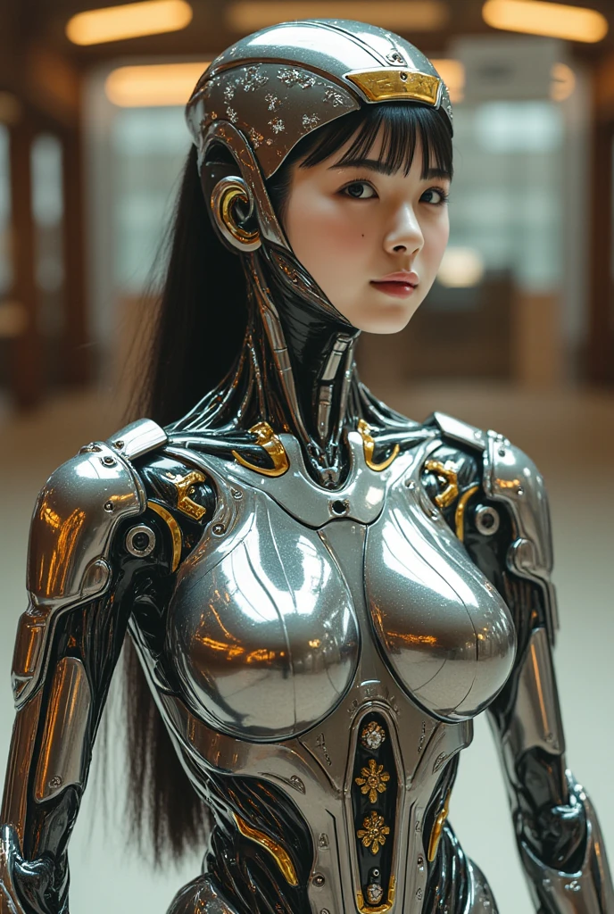 Top Quality, Masterpiece, Ultra High Resolution, (Photorealistic: 1.4), Raw Photo, 1 Girl, Black Hair, Glossy Skin, 1 Mechanical Girl, (Ultra Realistic Details)), Portrait, Global Illumination, Shadows, Octane Rendering, 8K, Ultra Sharp, Big, Cleavage Exposed Raw Skin, Metal, Intricate Ornament Details, Details, Very intricate details, realistic light, CGSoation trend, purple eyes, glowing eyes, facing the camera, neon details, mechanical limbs, reelmech, blood vessels connected to the tube, mechanical vertebrae attached to the back, mechanical cervical attachment to the neck, evangelion, small LED lamp, (high detailed skin:1.2), (glistening skin:1.15), film grain, side view