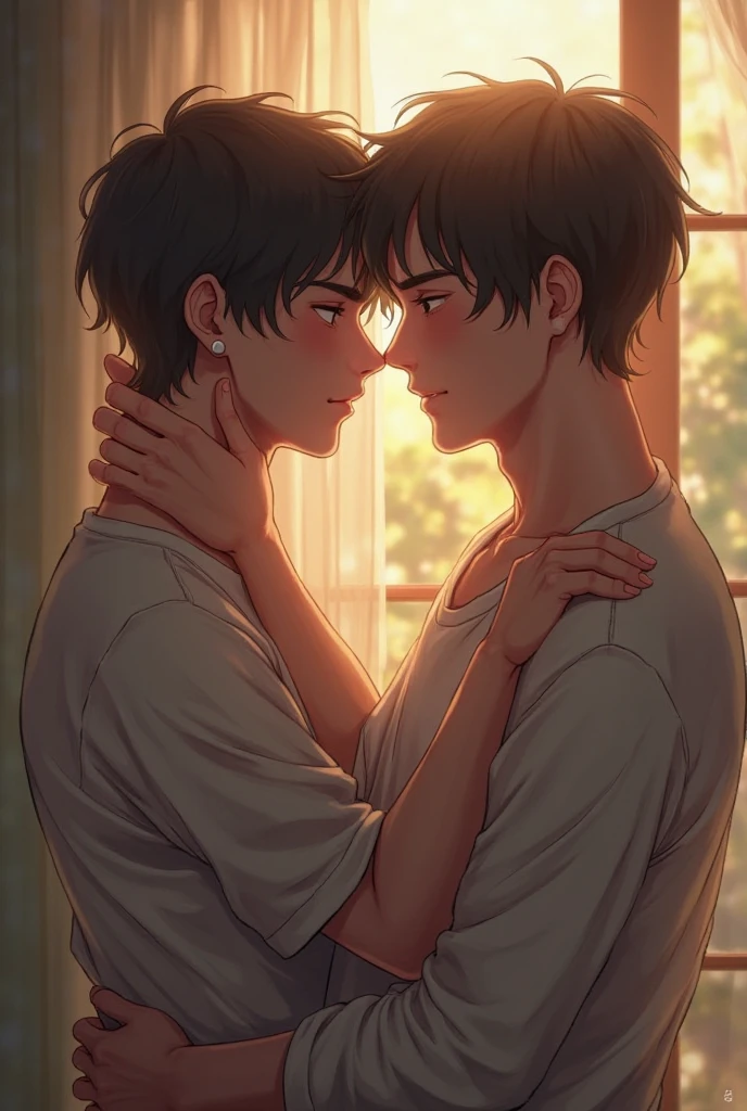 Two boys kiss each other