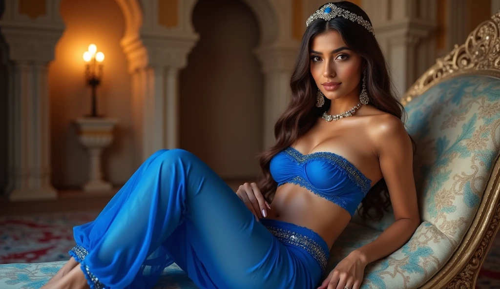 "Generate an image of Marina, a 25-year-old modern Indian influencer, in a realistic and luxurious setting. She is wearing a light blue off-the-shoulder crop top with intricate gold embroidery and a jewel at the center. The top features gold trim around the bust area, which is designed to showcase an increased bust size. The outfit includes a matching light blue skirt with high slits and gold detailing around the waist and thigh straps. Marina's hair is long, braided, and pulled to one side. Her hair color is a deep, reddish-purple hue that’s bold yet sophisticated. She wears blue hair ties to secure sections of the braid, and a matching blue headband with a jewel in the center. Her makeup is glamorous, with bold eyeliner, highlighted cheekbones, and nude pink lips. Marina accessorizes with gold earrings, a necklace with matching gold and jewel detailing, and a gold bracelet. She is standing confidently with one arm resting on her hip, holding a golden lamp, exuding an alluring and sophisticated demeanor. The background is luxurious and elegant, with rich patterns and comfortable seating. The overall look is stylish and perfect for her fashion influencer persona."