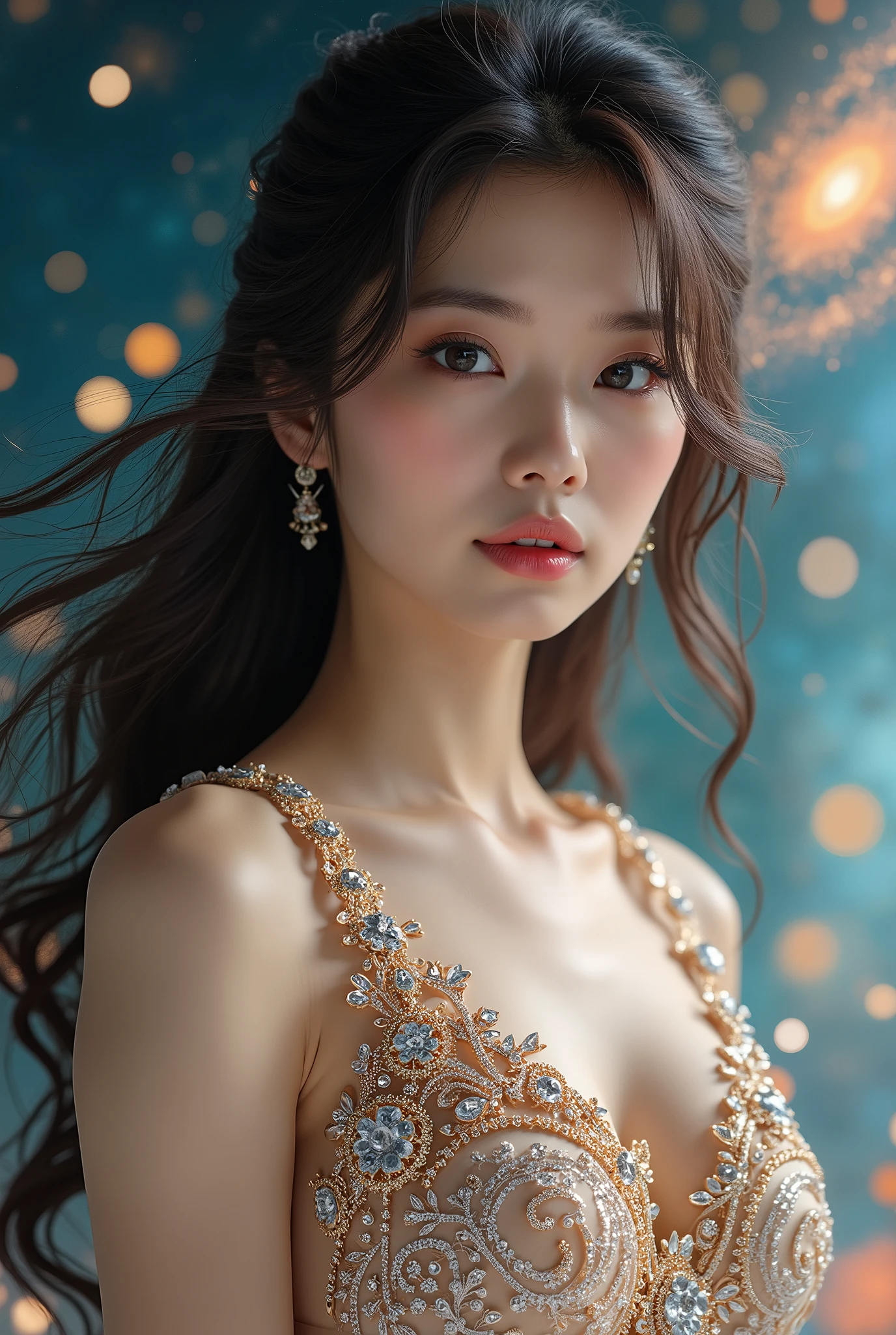 (masterpiece, Highest quality:1.4), Award-winning full-body photography, 8k, 85mm, alone, Beautiful Face,14 Talents、Smiling Kindly、 Cute hairstyle、Cute Necklace、Great style、Cute face like a Japanese idol、Baby Face、Beautiful Eyes、Beautiful clavicle、chinese bun black short hair,bun cover,china dress, long dress,tight mini skirt, gold decoration dress, sleeveless, ultra detailed dress,cleavage, cleavage cutout, clothing cutout,Cute hairstyle、Shapely breasts、Smiling Kindly、Blushing and embarrassed