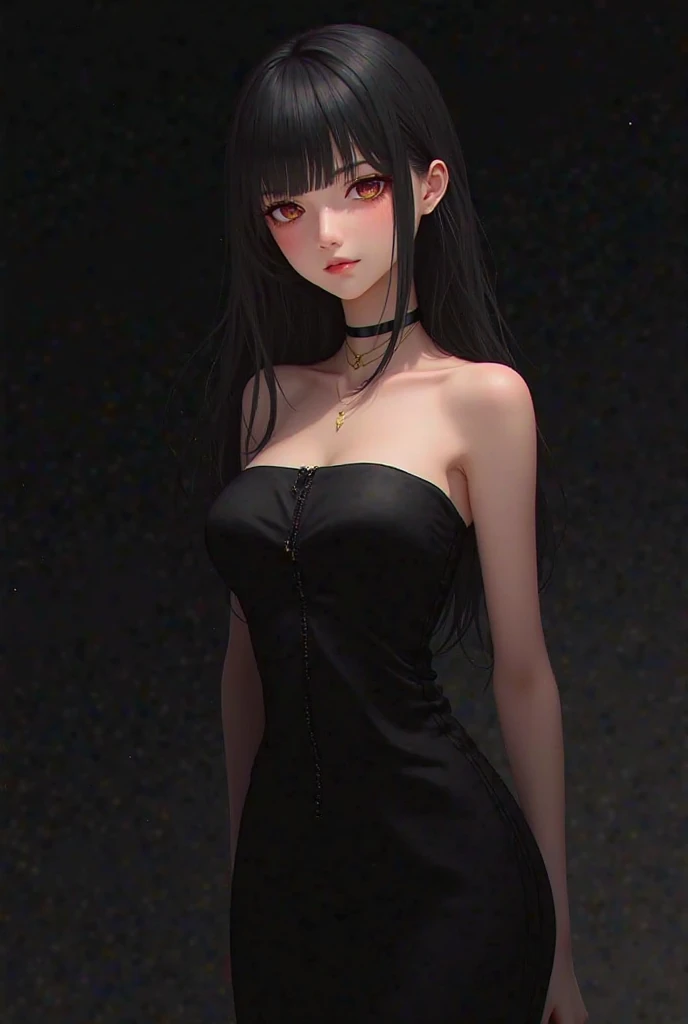 (Masterpiece:1.2, high quality), (pixiv:1.4), (1girl:1.2), (solo:1.2), (smooth:1.2), (Yor forger), (confident), slightly blushing, glossy lips, red eyes, black eyeshadow, pale white skin, black hair, bangs, bangs over eyes, collarbone, off-shoulder long frock, black clothing, slightly exposed cleavage, (medium breasts:1.2), (pov thighs), view feom below, looking away, slim waist, ultra detailed, soft lighting, high contrast, blur, highly focused face, (detailed face), intrinsic details, vivid colors, HD, 4k, artistic background, background wall with black and white stripes