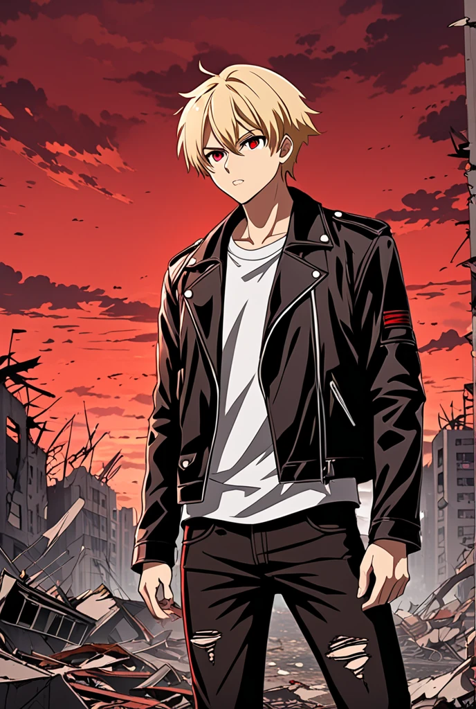 Anime boy with white Blonde hair and Freckles in front of a red sky, ken kaneki, best anime 4k konachan wallpaper, kaneki ken, trigger anime artstyle, badass anime 8 k, tall anime guy with yellow eyes, 4k anime wallpaper, anime wallpaper 4k, anime wallpaper 4 k,Yellow tennis shoes, white shirt, black jeans Chained 