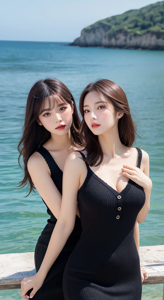 Two women sitting on a railing near the sea, Two models in the frame, Songs inspired by Wang Duo, Near the pier, Aenami Alena's style, twice, Music Video, jimin, Stylish pose, daoshi, Alena Aenami and Lilia Alvarado, Style by Kar Wai Wong, With sunglasses, At sea, twins