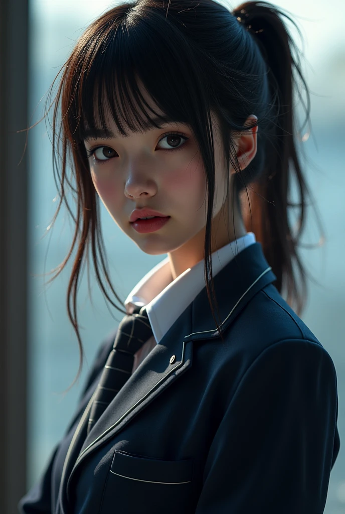 Atmospheric perspective, 8k, Very detailed, Accurate, highest quality, Anime Background, 1 female, Droopy eyes, sleepy, Low Angle, Pants with a luxurious design and vibrant colors, Drawing pants with great accuracy, Thigh-high stockings, Showing panties to the camera, Masturbation, Ecstasy face, Open your mouth, (Flight attendant winter uniform), Earrings, Put your hair up,