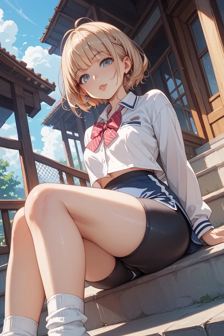 (masterpiece:1.3, highest quality, 超High resolution, super detailed), (realistic:1.1, photorealistic:1.4), beautiful illustrations, perfect lighting, colorful, Depth of the bounds written,
beautiful fine hair, beautiful and detailed face, detailed and beautiful eyes, beautiful clavicle, beautiful body, beautiful breasts, beautiful thighs, beautiful feet, beautiful fingers,
looking at the viewer, 1 girl, Japanese, high school girl, perfect face, (perfect anatomy, anatomically correct), Cute symmetrical face, baby face, sunburn, shiny skin,
(middle hair:1.5, twin tails:1.2, blonde hair), 非対称のbangs, blue eyes, long eyelash, (medium breasts), thin,
((collared short sleeve shirt, light blue shirt, , Grey plaid pleated skirt, navy them)), light blue panties,
(beautiful scenery), evening, (outdoor, distant cityscape), Are standing, (peace sign), (cute smile, upper eye, open your mouth), see the whole body、front, frontやや下からの構図, (whole body from head to toe),(((sena airi))), ((one side up , reddish brown hair)), ((blue eyes, beautiful eyelashes, realistic目)), ((detailed face, blush:1.2)), ((smooth texture:0.75, lively质感:0.65, lively:1.1, Anime CG style)), medium breasts, perfect body, attractive way to sit, (((show panty:1.3)))、M spread legs:1.8,(((show panties:1.3)))、((((M字spread your legs:1.4)))) 、first class, masterpiece, High resolution, (Full body diagram from head to toe), (whole body from head to toe), (small breasts), Unkempt brown hair, bangs, ((black tights)),( (black pantyhose)),(luxury lingerie), (spread your legs立つ), (((one leg standing pose))), (((Composition showing panties))), ((her legs spread、I can see your panties.)), (I was made to stand on one leg with my legs apart...), ((((spread your legs)))), thin脚, A very beautiful and tall 18 year old girl, (not wearing shoes), blush, shy big eyes, looking at camera,((skirt lift)),please stand facing me、((Vulgarity:1.2)), hand between legs,knee length socks、((crotch grab、standing split))、nswf