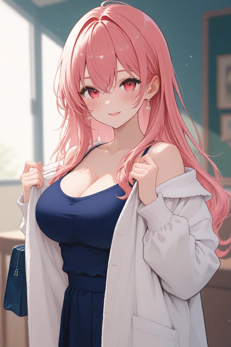 Pink hair, straight and long、Green Eyes、Gentle expression、White coat 1.5、doctor:1.5、In the hospital、Open、Cleavage、Big Breasts, Smiled、(highest quality, masterpiece),sexy, erotic, 18+, A large amount of white mucus was splashed on:1.5