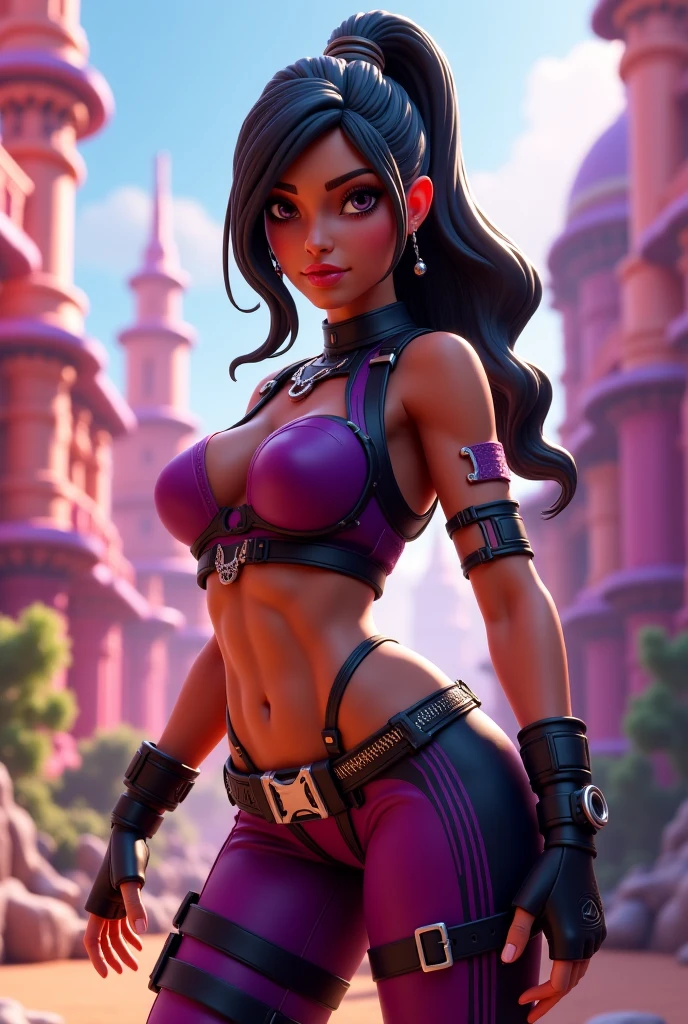 Moxxxi(borderlands), purple top hat, black hair(ponytail), large chest, cleavage, red tattoo heart on chest, purple corset, red short shorts, thicc waist, thicc thighs, red fishnet stockings, black boots, bar background