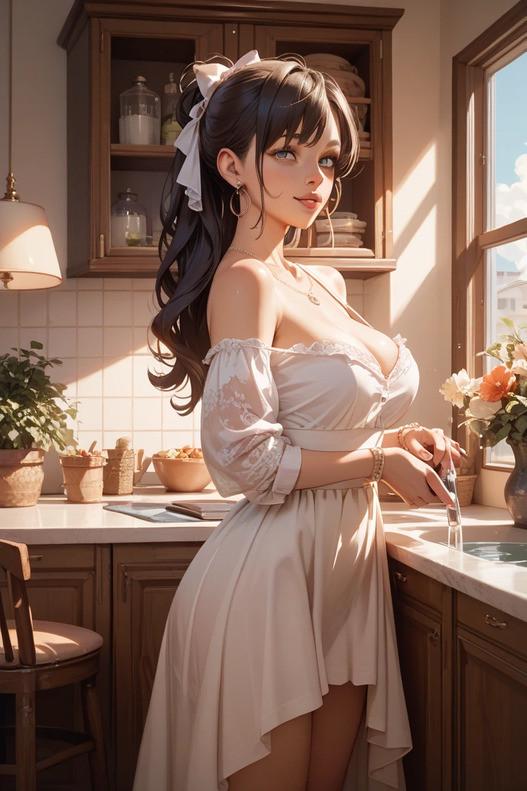 (realista), (obra maestra, mejor calidad), caliente (Lisa Ann), Mujer rubia con ojos azules y vestido verde de lunares en la cocina., oil painting, rasgos faciales detallados, colores vibrantes, natural lighting, cocina decorada con estilo, Armarios de madera, marble countertops, colgar ollas y sartenes, frutas frescas en la mesa, Un ramo de flores, vapor saliendo de una olla en la estufa, La luz del sol entrando por la ventana, Crisp and clear textures, enfoque intenso en los ojos y los labios, pcalienteo-realista rendering, retrato profesional, Pinceladas pulidas.