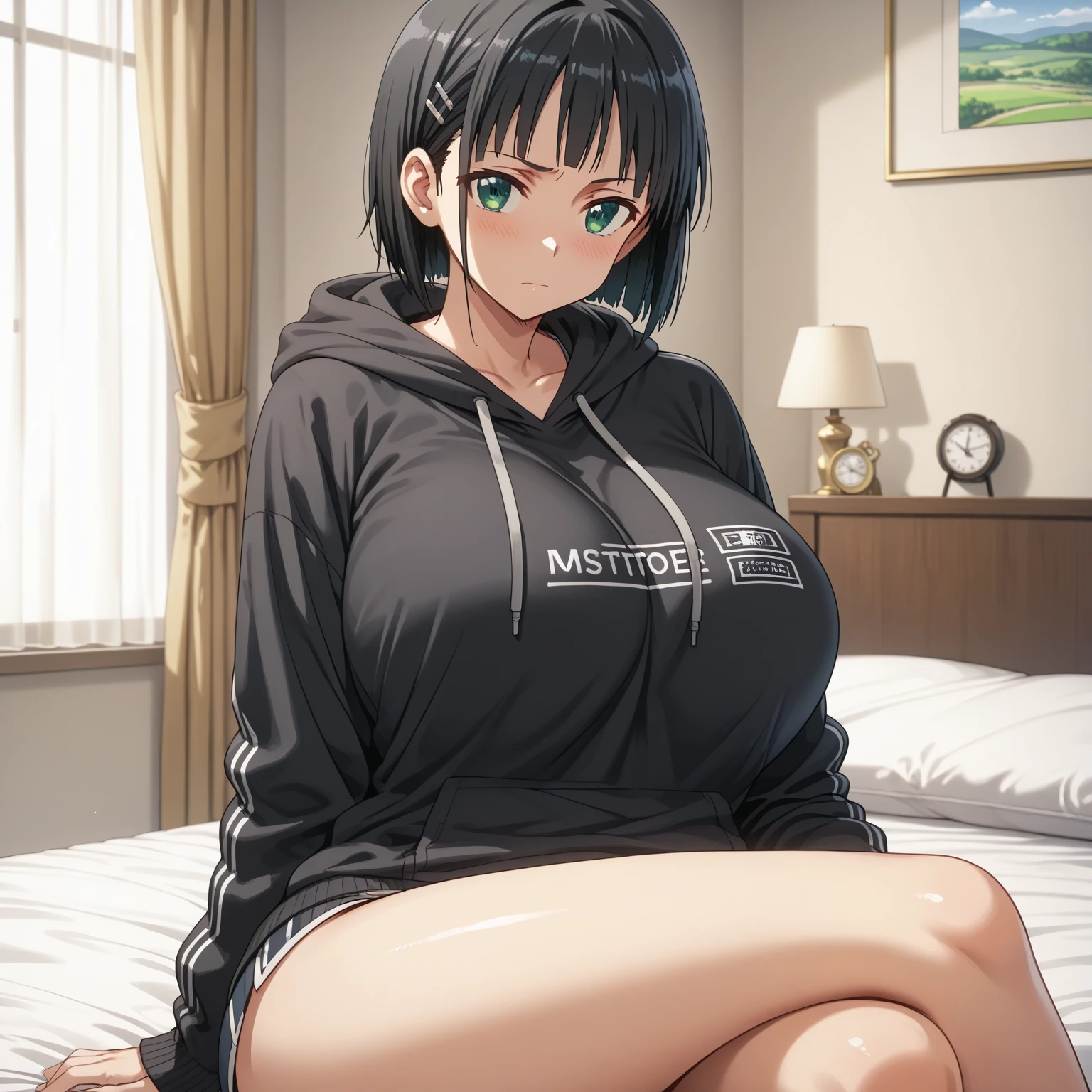 Naoha Kirigaya(sword art online), 1girl, ​masterpiece、top-quality、black short hair, nsfw, School swim wear、huge tit、{orgasm}, {lovejuice}, {Roach in vagina},