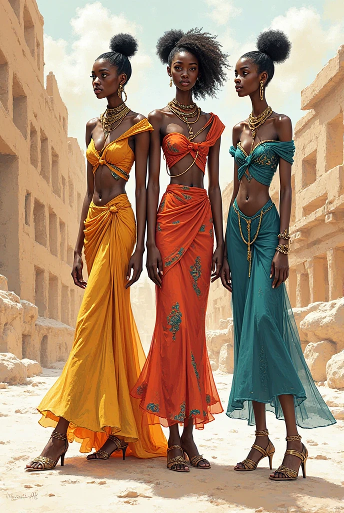 3 femme africaine sur le haut d'une montagne, le regard vers nous, jolie payage avec une ville au bord de mer