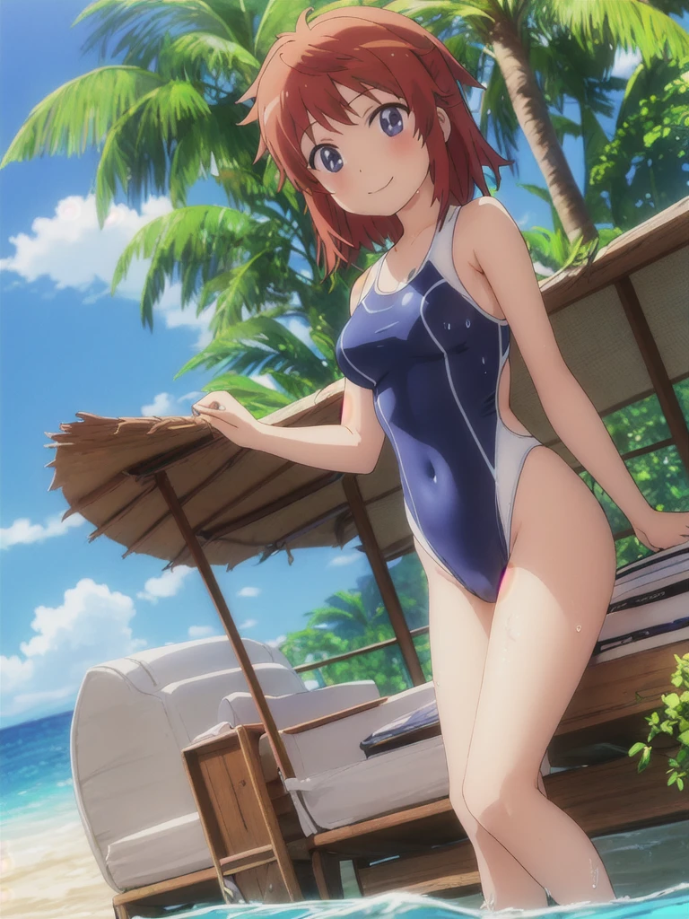1 girl, alone, miku nakano, headphones around the neck, blue headphones,((blue swimsuit)), (2-piece bikini)),((cleavage)),((bare shoulders)), barefoot, alone, hair brown, blue eyes, long hair, hair between eyes, blue eyes, detailed eyes, closed mouth, looking at viewer, bangs, standing, dynamic posture, curvy body, , medium waist, wide , wide thighs , round , outdoor, Japanese beach, sunny, clouds, looking back, , focus on , point of view (from below), standing, best quality, ultra detailed, masterpiece, perfect , hands perfect