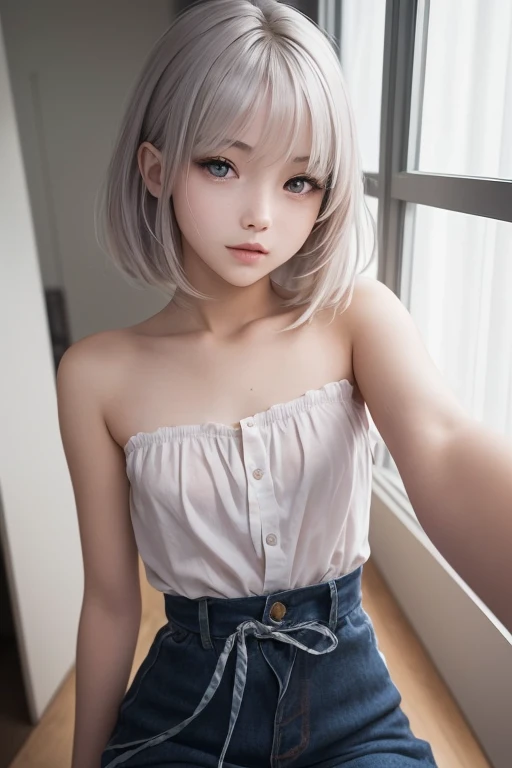 1girl, bethel, blue eyes, bare shoulders, breasts, medium breasts, short hair, white hair, hair over one eye, bangs, gloves, sleeveless, solo, shirt, fingerless gloves, white shirt, sleeveless shirt, arms behind back, off shoulder, horns, smile, (masterpiece), (best quality), (ultra detailed), indoors, simple background, blue flowers, 