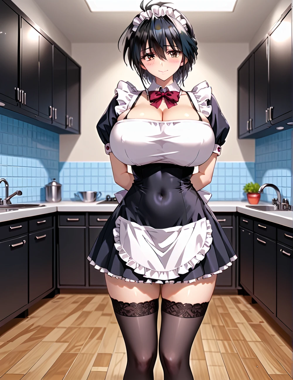 from front view, honey lactation, leaning forward over bowl,Standing, 1girls, Solo, pinup, maid, kitchen,  voluptuous woman, small waist, thick thighs,