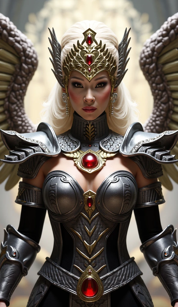 (high quality), (masterpiece), (detailed), 8K, Hyper-realistic illustration depicts (Japanese girl1.3) with striking features, adorned in intricate (snake scales attire1.4) that shimmer in the light, showcasing exceptional (upper body1.2) detail, in the style of Hajime Sorayama, trending on Artstation.