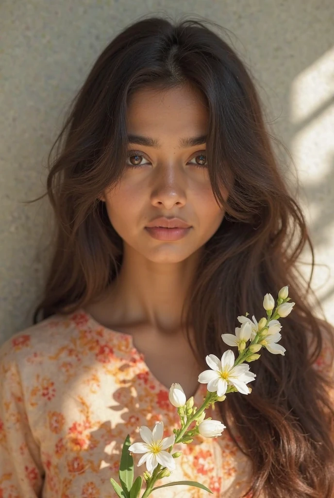 1girl, solo, masterpiece, high quality, upper body, charayesha, looking at viewer, ayesha altugle, flower, hair flower, simple background, 