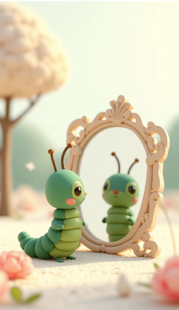 Show me a simple illustration of a caterpillar girl looking in a mirror, and that its reflection is a butterfly trying to get out of there 
