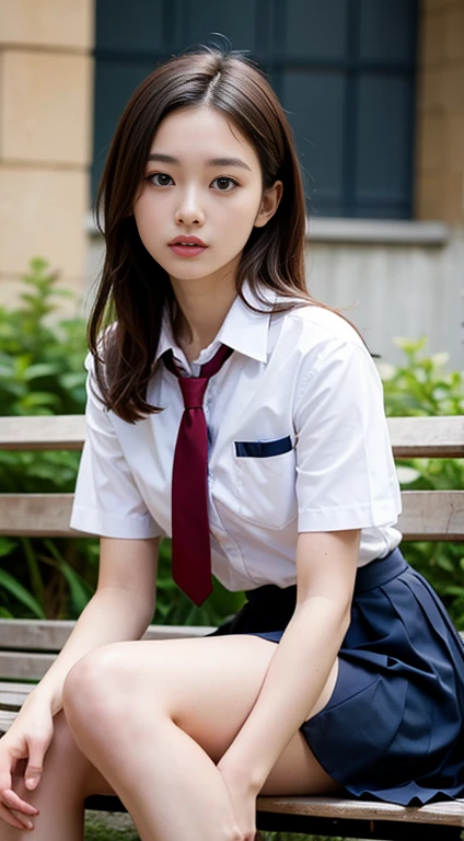 ((highest quality, 8K, masterpiece :1.3)), Photorealistic、Ultra-high resolution、Natural skin texture、Hyperrealism、Photograph from the knee up、12 year old beautiful Japanese girl、Large breasts、White collared shirt and tie、Checkered mini skirt、Serious expression、Angry