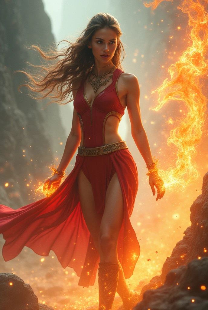 "Create an image in the style of a fantasy world, depicting an agile a woman with their fists burning in magical fire. Surround the burning fist with swirls, creating a captivating and dynamic scene that shows their power and mastery of magic.", (fire, magic, sexy dress, sexy muscular:1.2, long hear, masterpiece, best quality, masterpiece, best quality, feminine focus)