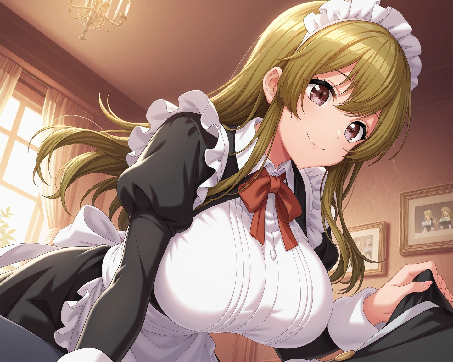 Kyoto Animation,highest quality, (masterpiece:1.2), very detailed, 1 girl, alone, Sento Isuzu,brown hair, long hair, antenna hair, ponytail, brown eyes, clavicle, shirt,shorts,bed,sitting, stylish pose,looking at the viewer,in the center of the image, (beautiful_big breasts:1.3), (beautiful_face:1.4),