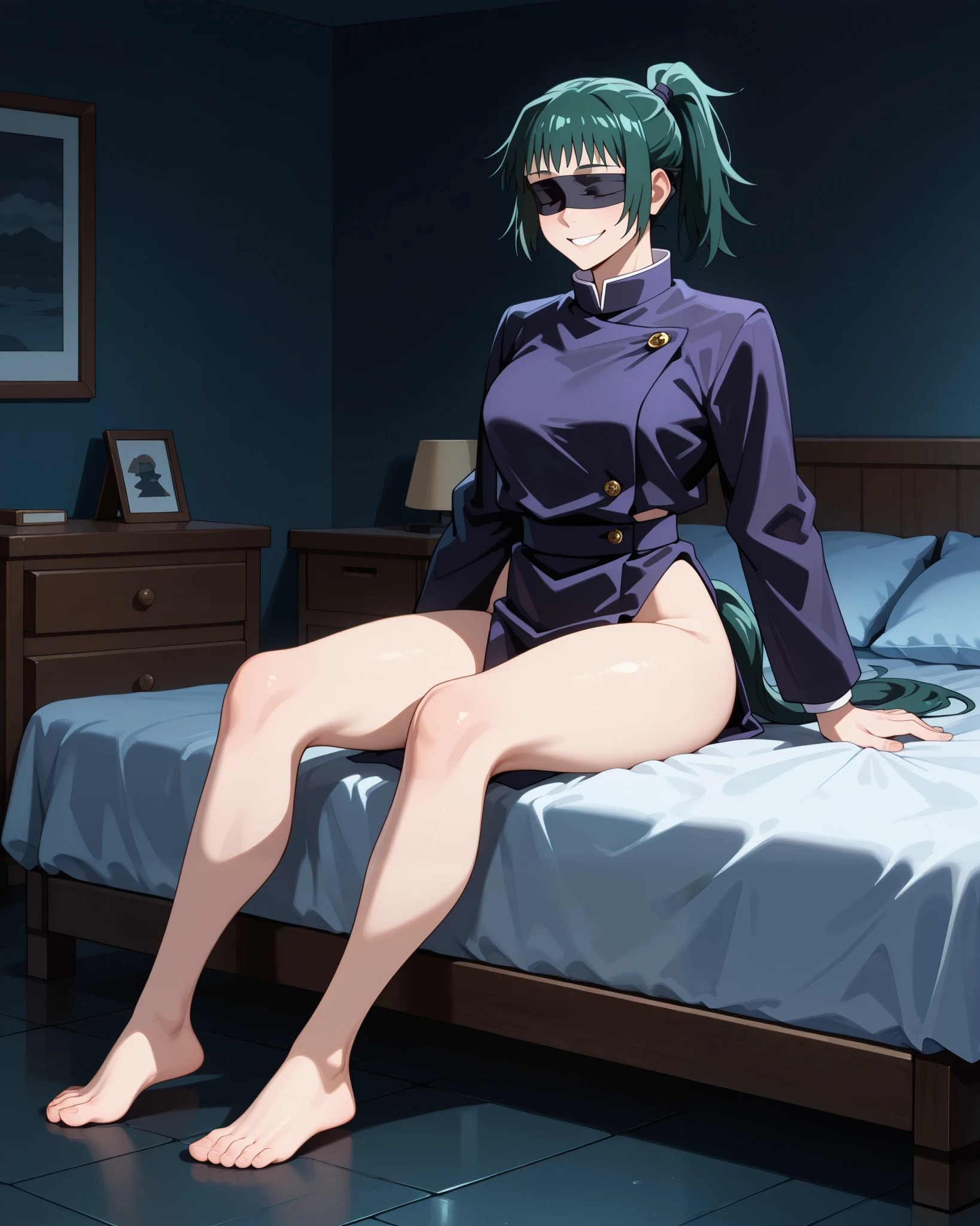 Maki zenin ( Jujutsu kaisen) green hair, pony tail hair, big bobbies, sexy smile, black blindfold, feet, sitting, dark room, safe to work content , bed