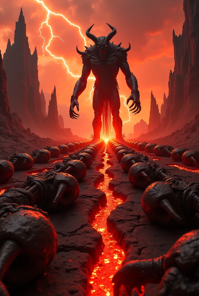 "A cinematic hyperrealistic posterized man hybrid centipede volcano background screaming red body holding human head blood