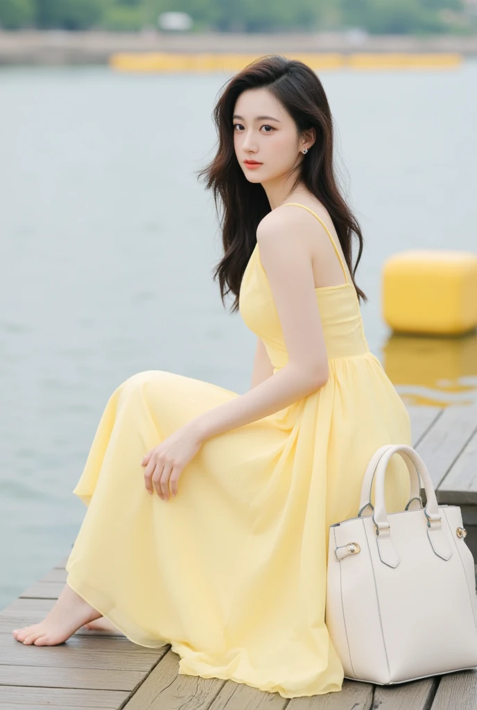 The image shows a chinese woman wearing a yellow dress with a low back and thin straps. She is side seated lefthand outdoors near a body of water, with a wooden deck and some floating yellow blocks visible in the background. There is a large white handbag placed on the deck next to her.