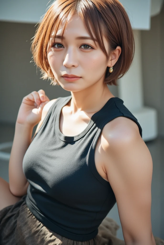 <lora:YoshizawaAkiho:0.6> 1girl, (looking at viewer), (bokeh:1.1), parted lips,expressionless, realistic, hand on hip, sleeveless kimono ,skirt,bob cut,glossy lips,
realistic,