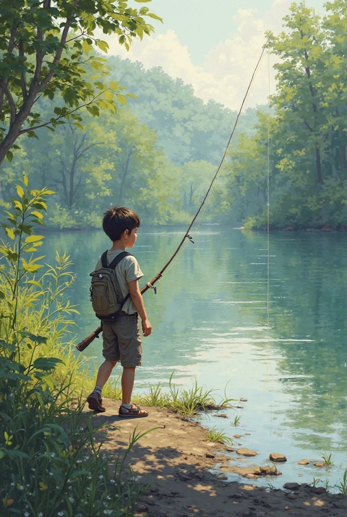 Let the country sit in a sitting position，A sitting boy，Wearing a peacock blue sweatshirt，Black pantsuit，blue cap，white shoe，Fishing，Fishing rod in hand，astonishment，cheerfulness，Rejoice，Small riverside，The river is clear，Perfect quality，Clear focus（Clutter - home：0.8）， （tmasterpiece：1.2） （realisticlying：1.2） （Bokeh） （best qualtiy） （detailedskin：1.3） （complexdetails） （8K） （detailedeyes） （Sharp focus）,（having fun）