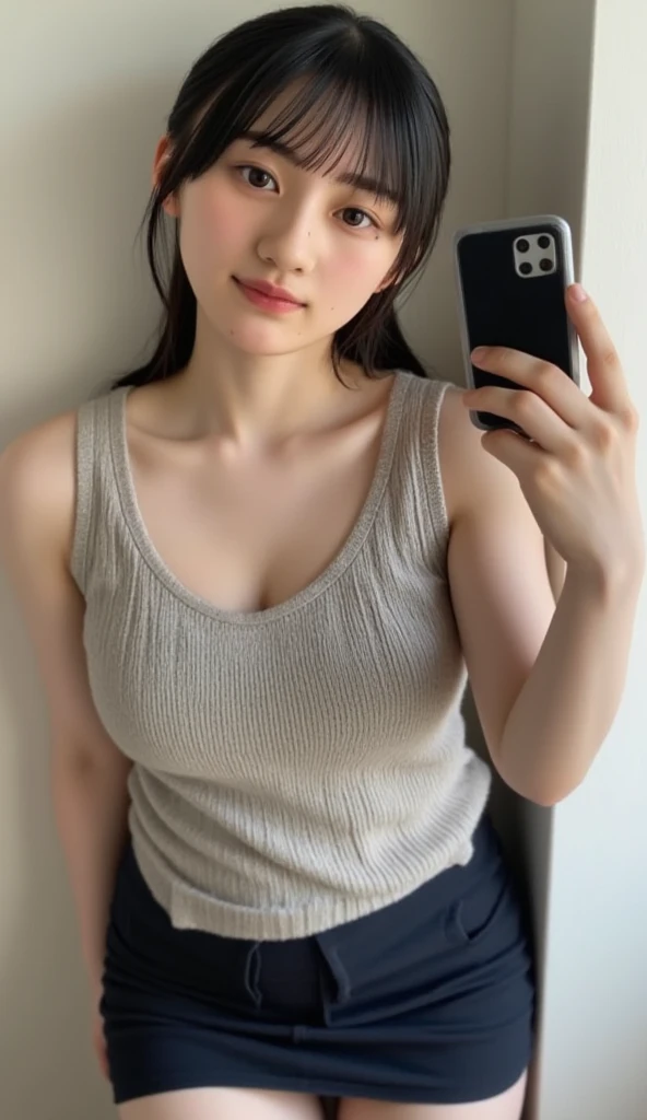 (lifelike, high - resolution:1.3), 1 girl with a perfect body, Super fine face and eyes,slong hair, Tank top of random colors:1.2, short jeans, big boob,Expose cleavage, lower two hands, 1girl, solo girl, 1 person, 1 body, no more hands