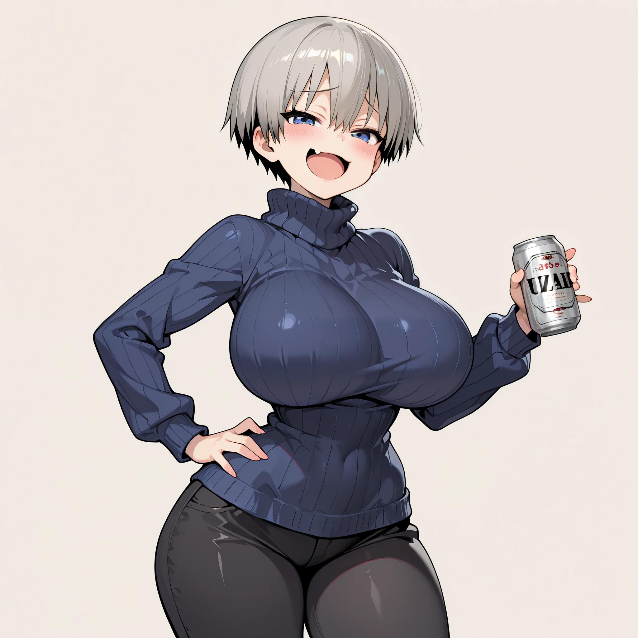 <lora:uzakiHanaUzakiChanWants_v10:1>,masterpiece,1 girl,solo,(uzakihana:1.1),(smirk:1.2),fangs,(white|blue long sleeve t-shirt, clothes writing red words:1.2), short jeans, black stockings,(gigantic breasts:1.2),(in the refinery:1.3)