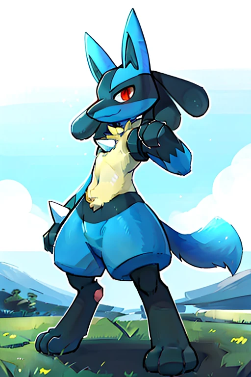 (soft shading), 4k, hi res, ((detailed face, detailed, Best quality, masterpiece, detailed anatomy, detailed eyes, detailed hands, perfect lighting, perfect shading)), by Goonie-san, by Buta99, Lucario, 1male, red eyes, dark blue furs body, skinny body, back view, grab butt, butthole, balls, tail, in the waterfall