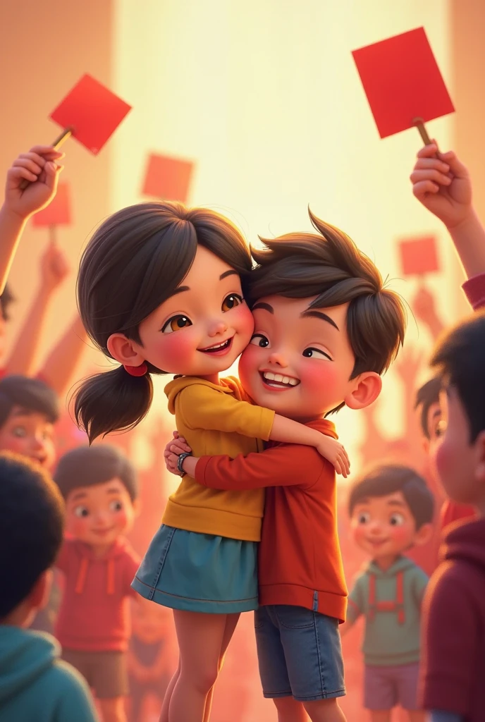 : A bustling event scene with vibrant colors and festive decorations. The boy and girl’s initial surprise and confusion, their glances filled with unspoken recognition and nostalgia.