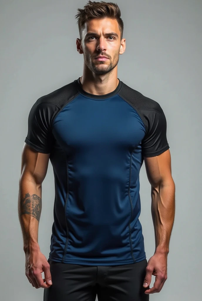 ((Highest quality, 8K, Masterpiece: 1.3))、Thailand Laos Burma Asia, Thai man, A handsome Asian rugby player with short hair, a muscular beard, and big muscles., １A man who has、 yo、Good appearance、Beautiful nose、smile、 Detailed eyes and face、beautiful light、(studio)、high resolution、（Look at the viewer.）、Fine mouth、smile、whole body: 1.5, perfect shape: 1.3, Picture of both shoulders:1.3, Navy blue round neck t-shirt:1.5