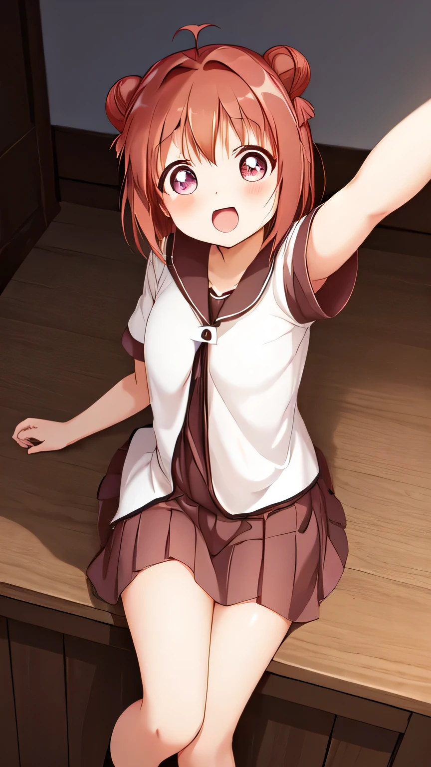 pov, from above, 1girl, cute, akari feature, yuruyuri school sailor uniform with white short sleeve, brown pleated skirt, looking at viewer:1.3, reddish hair with Double Bun, pretending to be playful fake angry, puff up her cheeks, friendly demeanor, Japanese tea room, Her eyes widen like sparkling stars, (extremely detailed, high resolution, absurdres,4K)