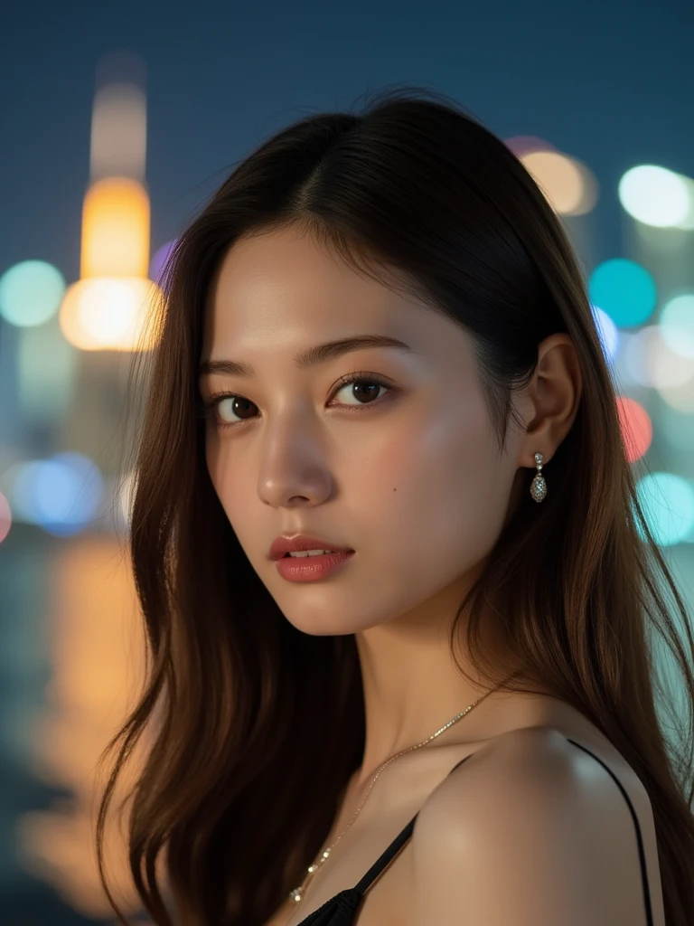 ((masterpiece, highest quality, super fine, High resolution)), alone, beautiful girl, shining eyes, perfect eyes, Beautiful sister of Japan, hot spring, cleavage, The background is a night view, firework,