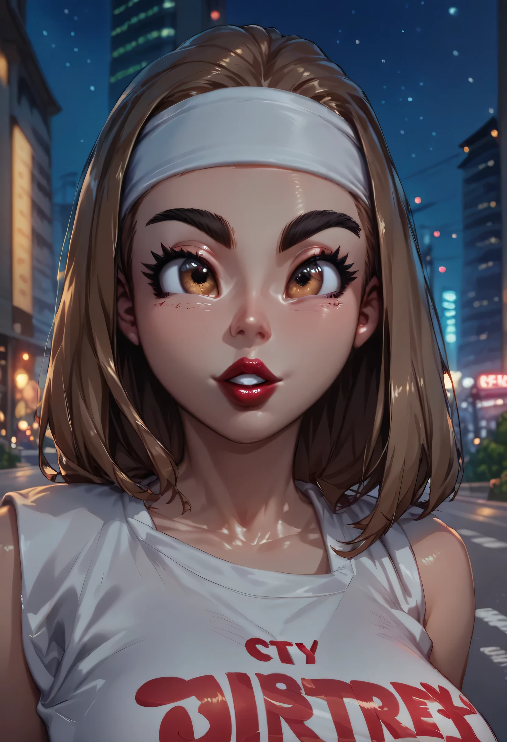 night sky, city street, perfect face, straight hair, lightest brown hair, white headband, black eyebrows, thick eyebrows, black eyeliners, big eyes, light brown eyes, bright red lips, thick lips, beautiful woman, white tank top