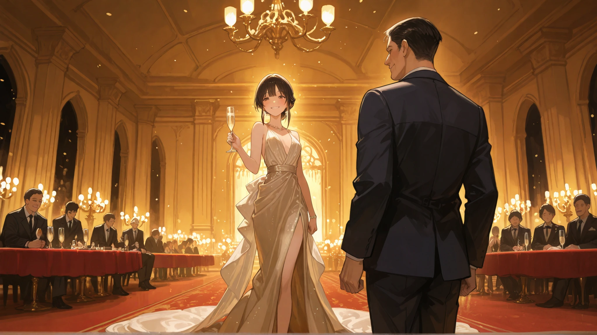 Wonder Woman (Gal gadot age 30) in a lovely sheer evening dress, looking adorably insecure and awkward as she approaches Bruce Wayne, fancy gala