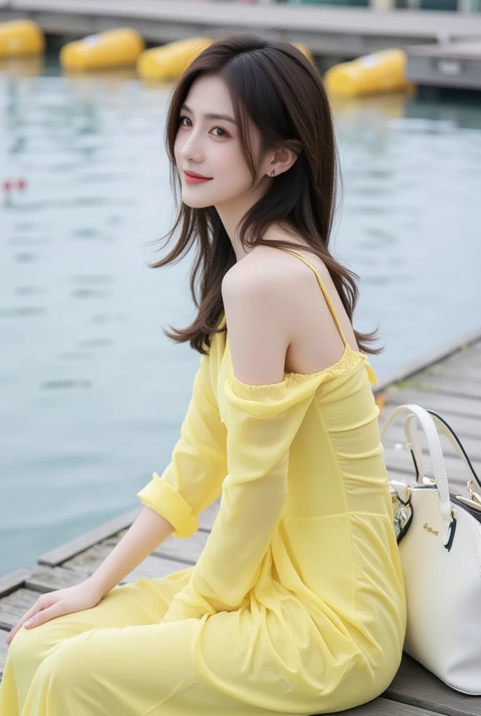 The image shows a chinese woman wearing a yellow dress with a low back and thin straps. She is side seated lefthand outdoors near a body of water, with a wooden deck and some floating yellow blocks visible in the background. There is a large white handbag placed on the deck next to her.