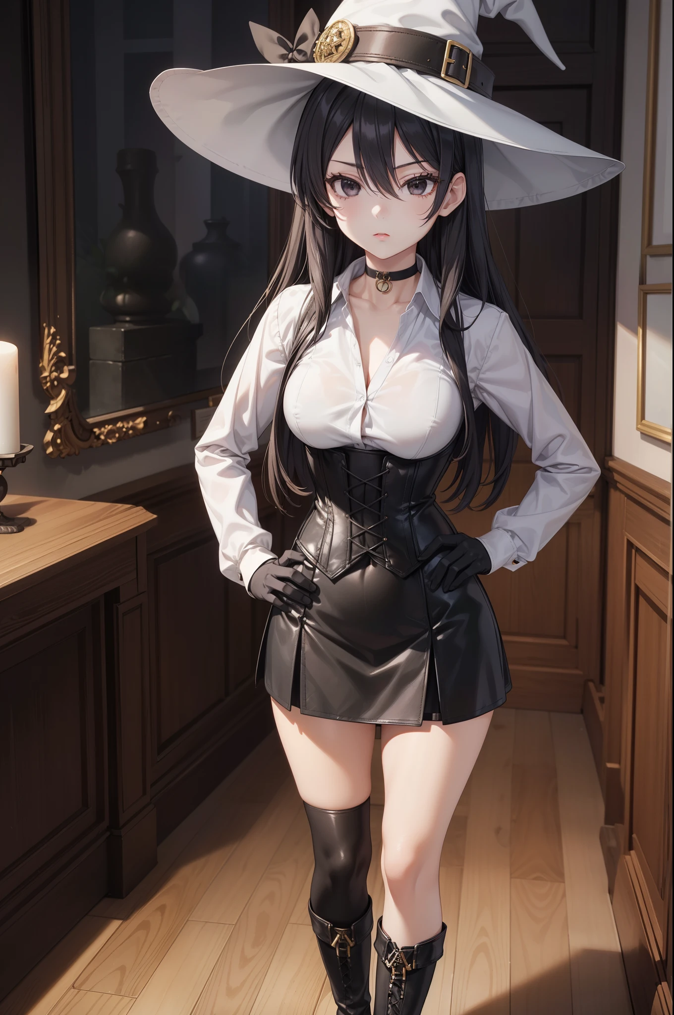 masterpiece, beautiful art, professional artist, 8K, sciamano240 art style, very detailed face, detailed clothing, Detailed fabric, (A young girl of short stature), ((hands on the hip)), (top view), perfectly drawn body , beautiful face, closed lip vest, (long black hair), black eyes, very detailed eyes, serious expression, detailed lips, (witch hat), choker:1.6, (long sleeve buttoned white collar shirt), black gloves, gloves that cover my hands , (black leather corset), (short black skirt), ( brown stockings), (black boots), show details in the eyes, elegant room, candelabras, at night
