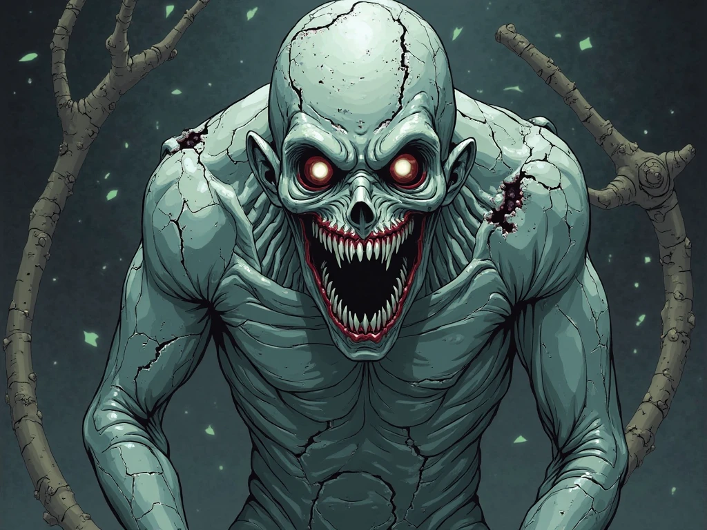 realistic, humanoid monster with white skin, bald, bared pointed teeth, glowing green eyes with a large scar on the left eye