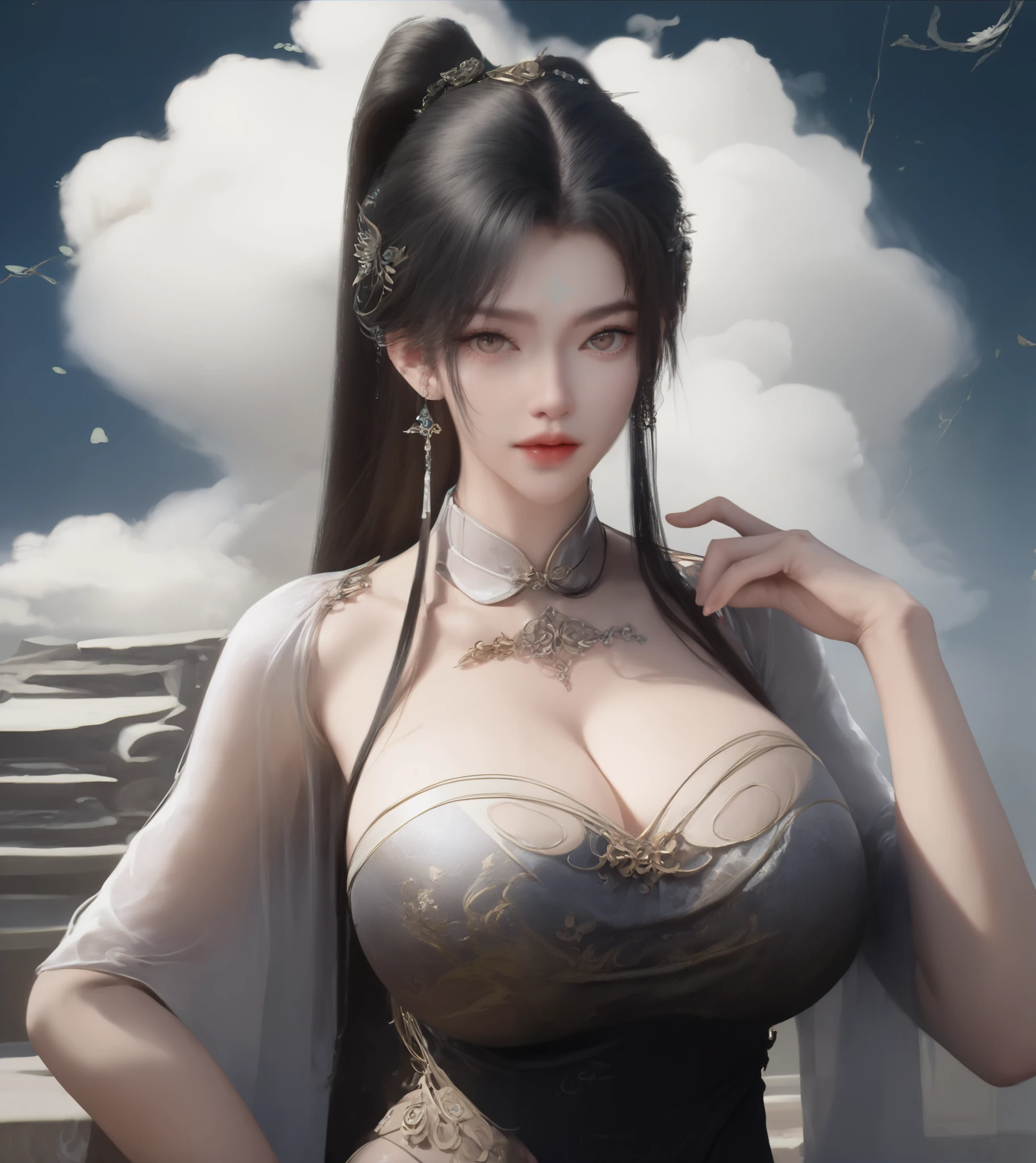 girl,solo,dress,earrings,jewelry,long hair,chinese clothes,cloud,ponytail,brown hair,looking at viewer,sky,china dress,brown eyes,hair ornament,black hair,hand up, high hip slit dress, exposed slit dress, revealing thights and hip and groin, top quality, Masterpiece, Ultra High Resolution, High Definition RAW Color Photos , pro pics, natural skin texture, fine skin, hyperrealism, smiles,Earrings, gigantic breasts,((Pretty shiny off-shoulder cleavage long dress, BIG SLIT,