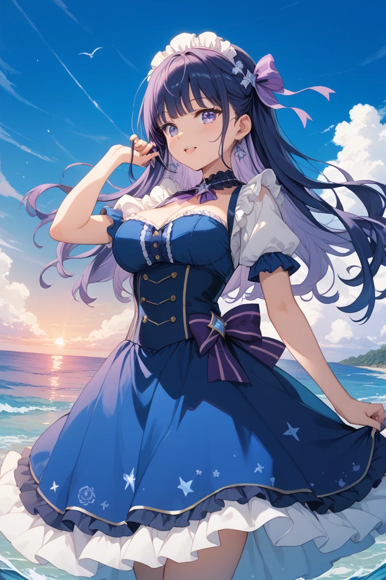 ((masutepiece)), ((Best Quality)), (Ultra-detailed), ((kawaii)), Cute, (lovely), ((Extremely detailed)), 4K, (8K), Best Quality, (Beautiful), Anime style, Full body, Walking, look down from above, Colorful, full body focus, ocean, Beach, Beautiful sky, morning, Cute little girl s, 1girl in, Solo, Miniskirt, Beautiful blue hair, Beautiful purple eyes, ((Beautiful eyes)), White-skinned, Long hair, Transparent hair, translucent hair, large full breasts, a straw fedora hat, Smile, Lens Flare, Wind-effect, reflection effect