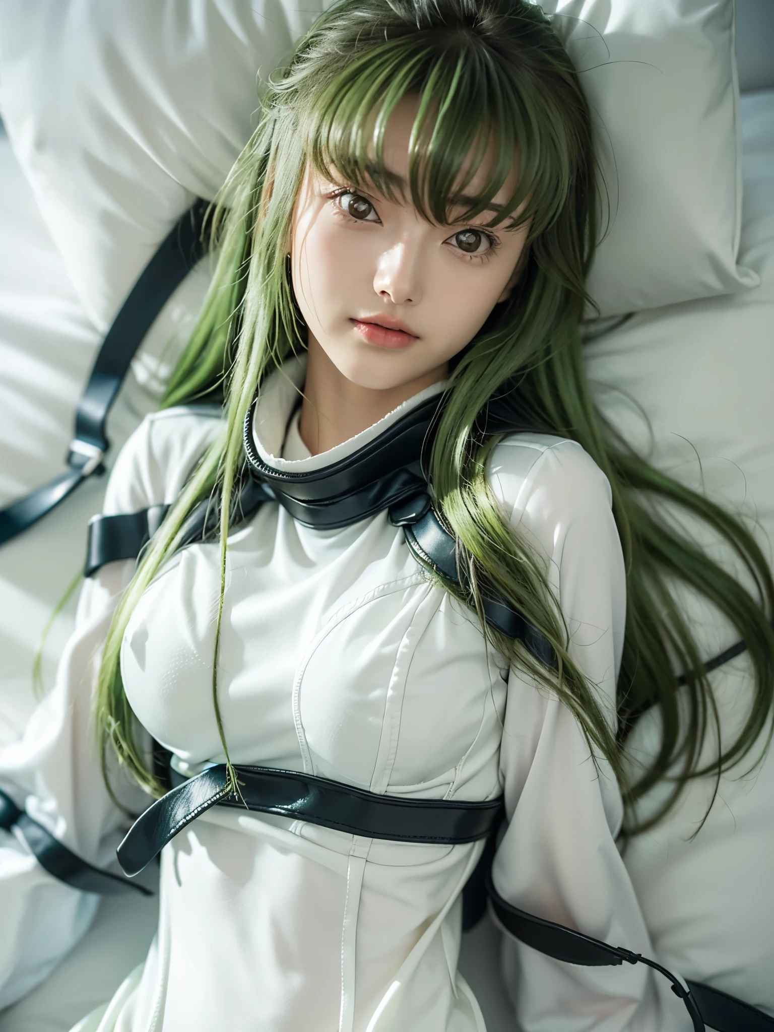 1girl, Alone, (cute Japanese girl), 18yo, Young female, slim body, (seductive smile), Looking at camera,
break
upper body, from above, (lying on bed:1.3), (on back:1.5), (put head on bed:1.5), Seductive pose, arms behind back, dynamic angle,
break
Professional photo-realistic images, (16k, RAW photo, best quality, masterpiece:1.2), (realistic, photo-realistic:1.4), (extremely detailed 8k wallpaper), sharp focus, depth of field, blur background, bokeh, cinematic lighting, soft light, High resolution 16k close-up of human skin,
break
perfectly round breasts, huge breasts
break
white full body suit, long sleeve, white bodysuit, latex, Straitjacket,
break
c.c., bangs, (green hair:1.5, long hair, crossed bangs:1.3, yellow eyes:1.3),
break