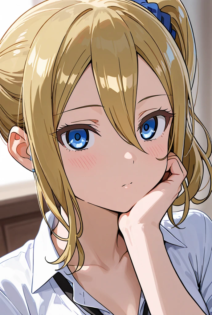 Realistically、45-year-old woman、Wearing a yellow polo shirt,Face Enhancement,Chest Super Zoom,Emphasize cleavage,Looking up from below,Her hair color is blonde.,blue eyes、Blushing,Red lips,Sexy,Bedsit,Please open your mouth as wide as possible、Place your arms behind your head、Wear underwear,Sweaty face