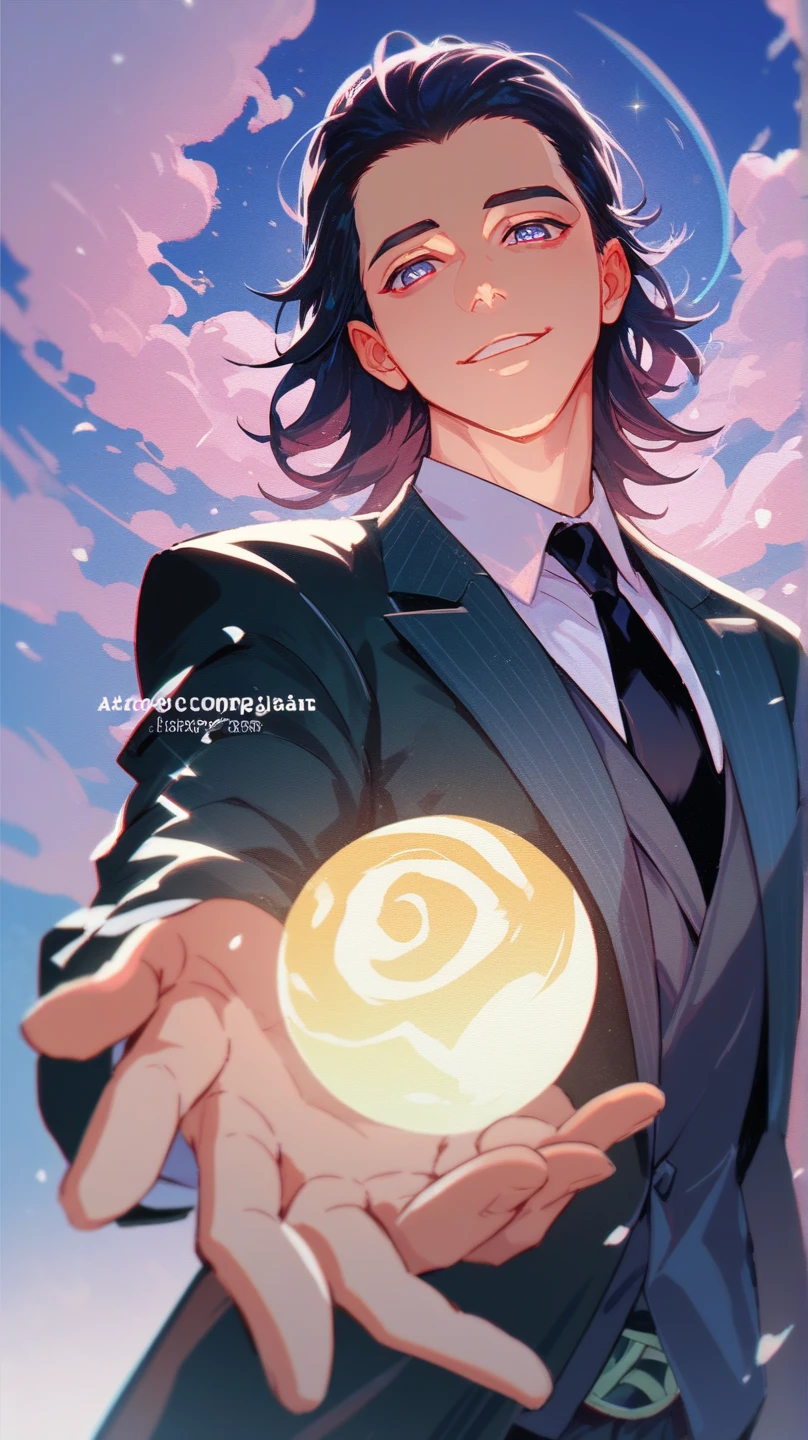 A butler with short black hair and purple eyes, he's blushing with his tongue out and his eyes rolled back . Anime Art Style. A purple light background house with so much money.