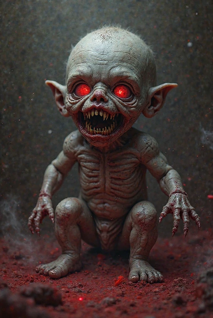 A close-up of a malformed fetus inside a uterus, with sharp teeth and malevolent red eyes staring directly at the viewer. atmosphere of fear and terror