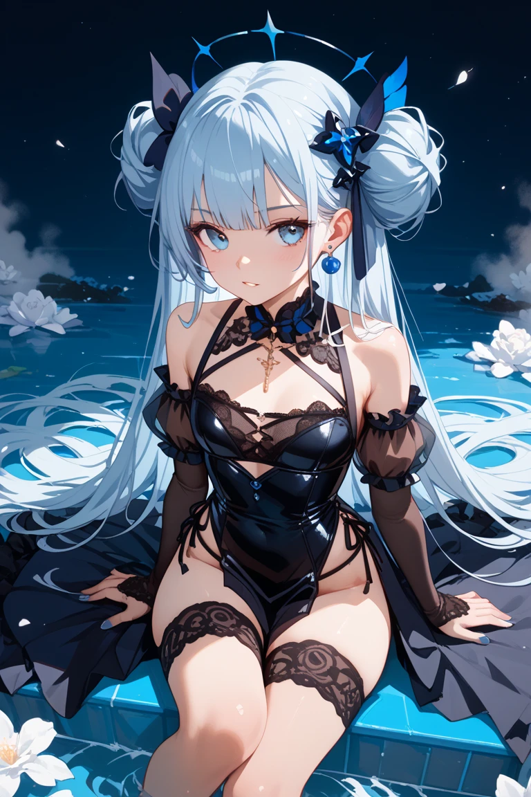 BREAK looking at viewer, BREAK (masterpiece:1.2), best quality, high resolution, unity 8k wallpaper, (illustration:0.8), (beautiful detailed eyes:1.6), extremely detailed face, perfect lighting, extremely detailed CG, (perfect hands, perfect anatomy),outdoor,nature,trees,night,forest,stars,moon,starfall,aqua, long hair, blue eyes, hair ornament, very long hair, blue hair, hair rings, single hair ring, hair bobbles, thighhighs, bare shoulders, detached sleeves, white thighhighs, , green bow,nipples,nipples see through,sideboob,sexy lingerie,black lingerie,lace bra,transparent bathrobe,spread legs,wide spread legs,sitting on grass,camel toe,no panties.
