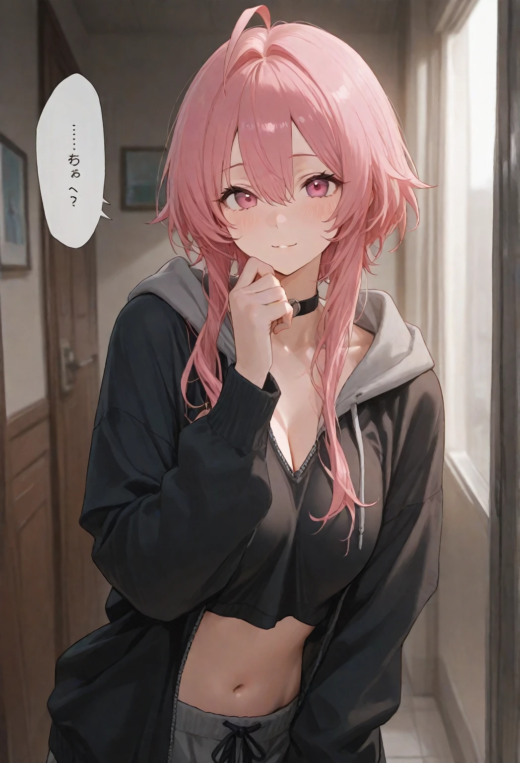 looking at viewer, solo, anya, 1girl, (()), ((very drunk)), ((staggers)), ((drank too much)), ((exhausted)), ((agitated)), ((ate too much)), pink hair, Green eyes, off shoulder, pink pul, black pantyhose, ((standing)),