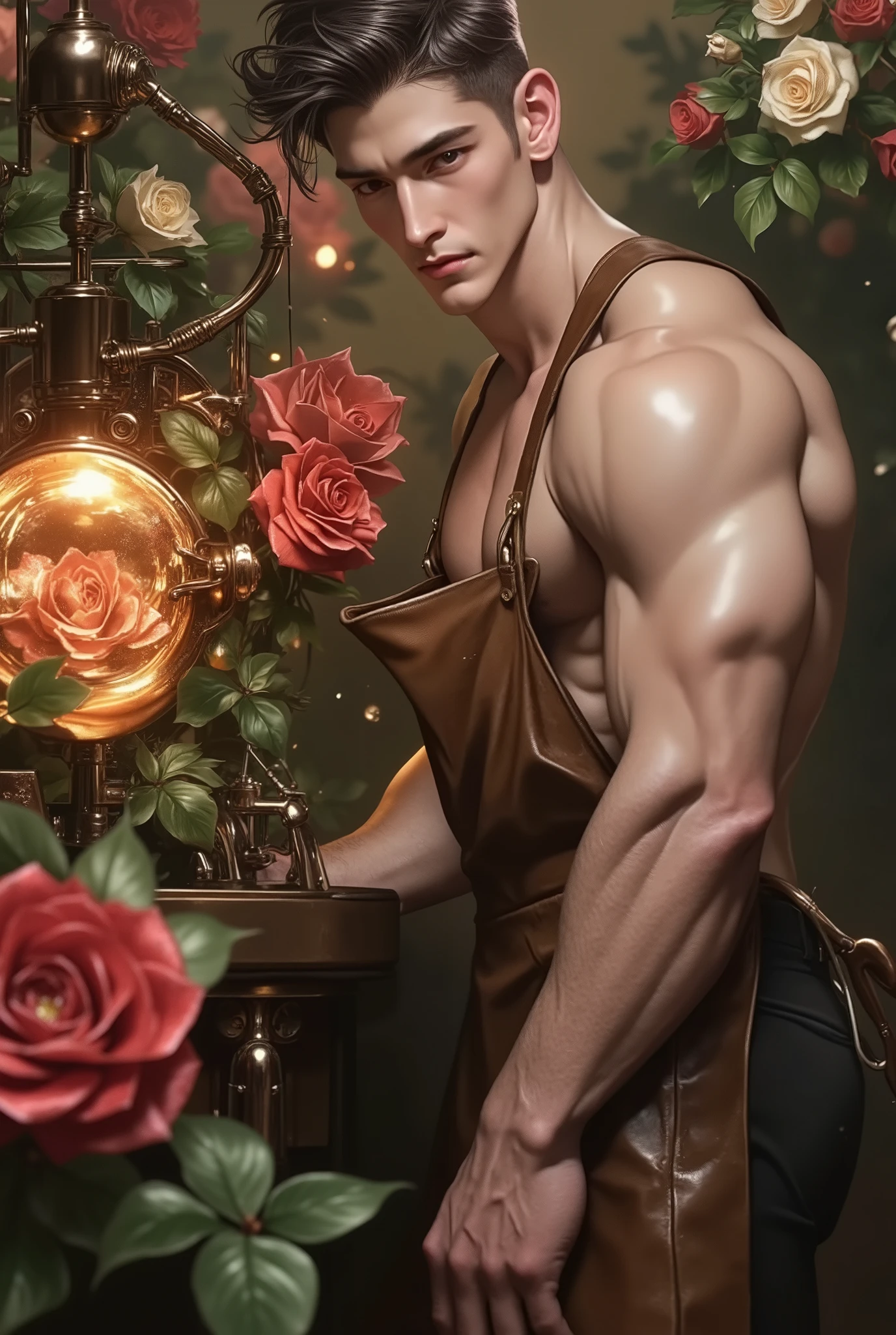 (masterpiece, best quality, realistic, ultra high detailed, UHD, view from a distance, facing the camera), In a floral-steampunk workshop, where vibrant flowers are meticulously integrated into mechanical devices, a tall, muscular young man stands at a workbench, crafting a unique contraption. ((His leather apron is showcasing his bare muscular torso with a broad chest and arms, his smooth white skin with a sheen of sweat is glistening under the warm lights, highlighting every detail of his physique)). His short, stylish hair gives him a hot yet refined appearance, emphasizing his high cheekbones and a sharp jawline. His deep almond-shaped eyes, filled with desire, gaze directly at the viewer, exuding sensual allure. His pants are made of form-fitting, black fabric. His veined, muscular forearms are visible. His boots are polished, catching the light as he shifts his weight. The air is thick with the scent of oil and fresh blooms, while the rhythmic clinking of tools provides a lively backdrop. His intense gaze locks onto the viewer, radiating determination and charm, as the intricate details of his attire and the vibrant workshop setting create a scene of steampunk innovation and allure. His sensual aura is creating an environment of both passion and allure. perfection, extremely sensual, highly erotic, most sexiest, homoerotic, alluring,